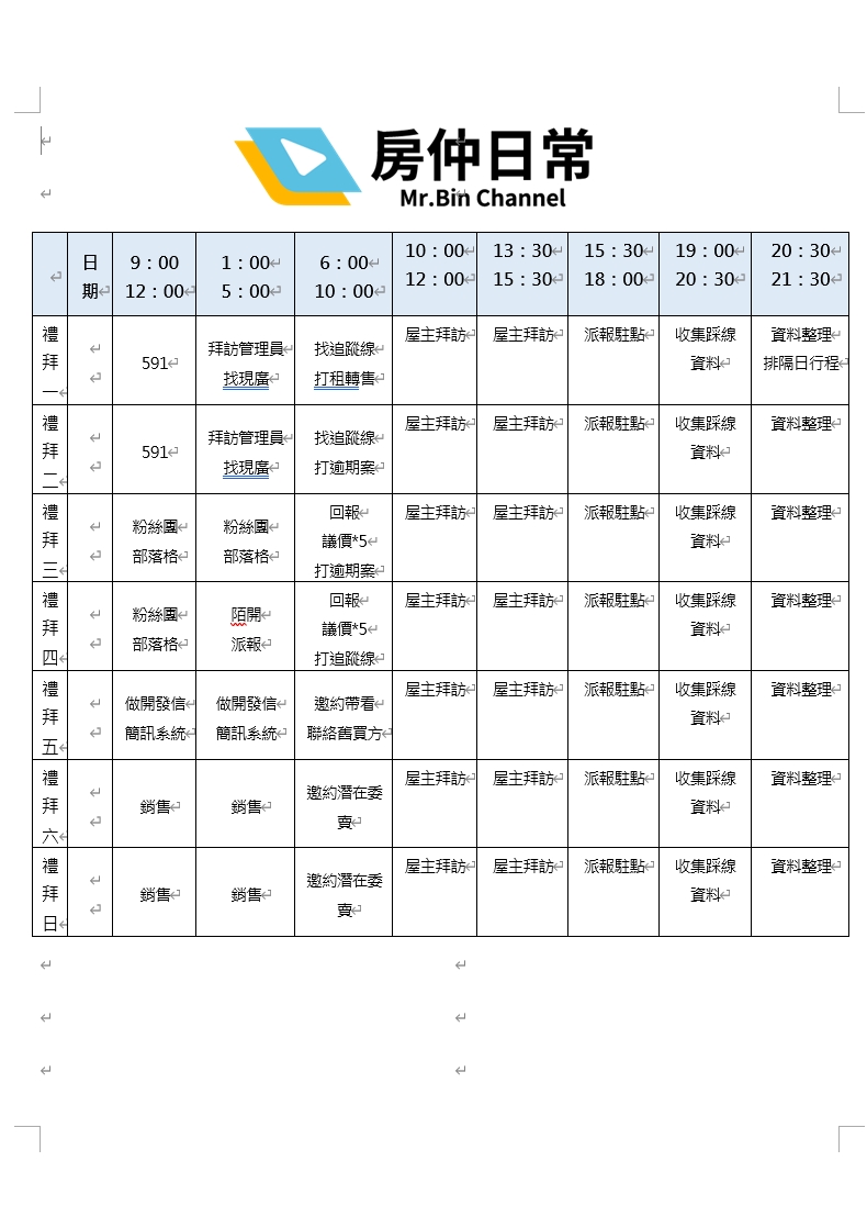 房仲、房仲工作心得、房仲基本功、房仲課程、房仲開發、房仲術語、房仲心態、房仲新人必載!每日行程規劃表!(Word檔、Excel檔)