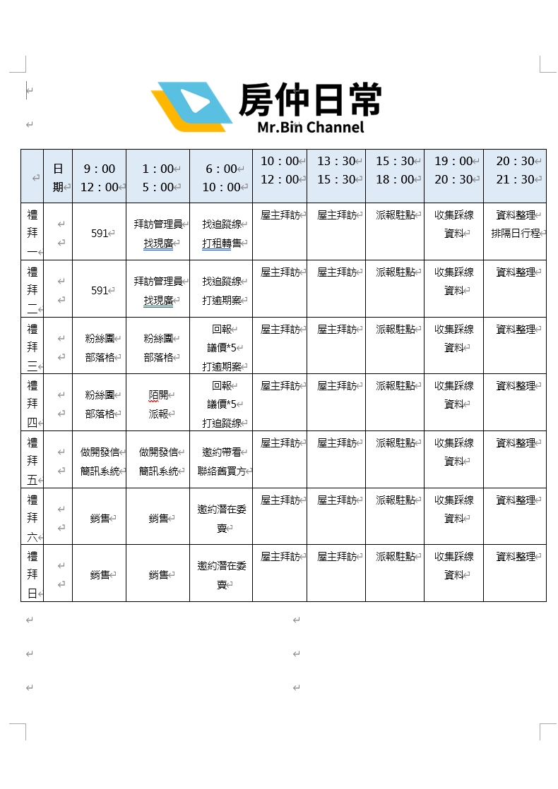 房仲、房仲工作心得、房仲基本功、房仲課程、房仲開發、房仲術語、房仲心態、房仲新人必載！每日行程規劃表！（Word檔、Excel檔）